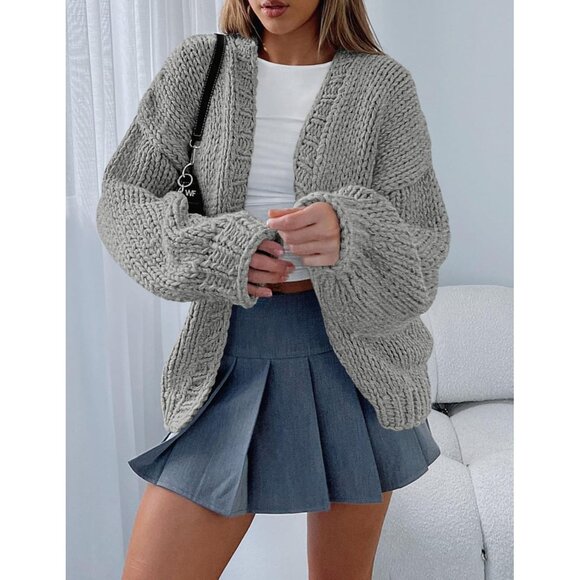 Womens Trendy Cardigan Sweaters Light Grey Long Sleeve Chunky Knit Outfits - Picture 6 of 8